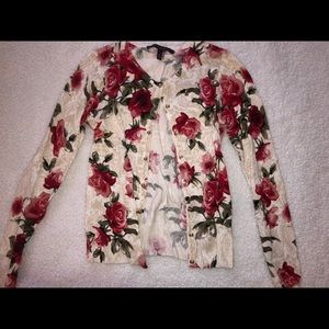 White House Black Market floral cream/red cardigan